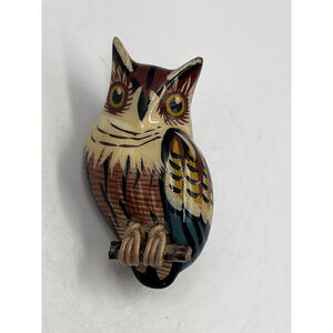 Vintage Hand Painted GUMP'S JAPAN Wooden Horned Owl Bird Brooch Pin SEE ALL